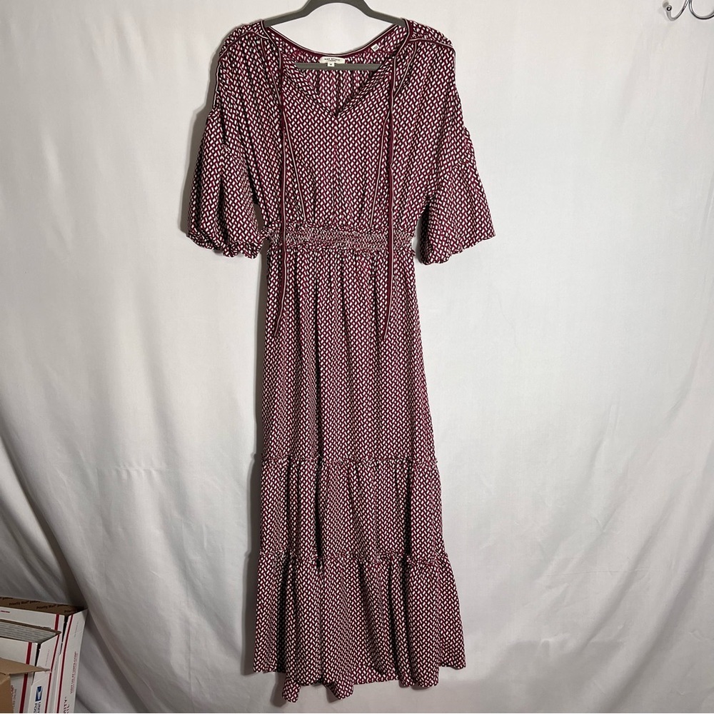 Max Studio Womens Geometric Print Tie Neck Crepe Maxi Dress Size M red Tired